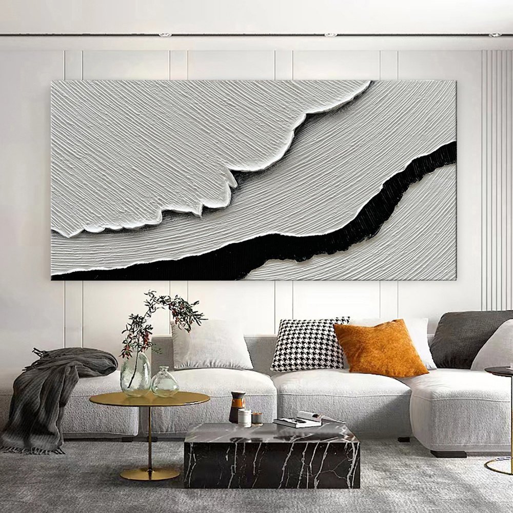 1a0cf5c8-e3f8-4589-a0de-10aac1ef2445.jpg Black White Sea Waves Abstract Paintings Hand-painted Wall Art Horizontal Oil Painting Textured Art Home Living Room Bedroom Decor - Image 1