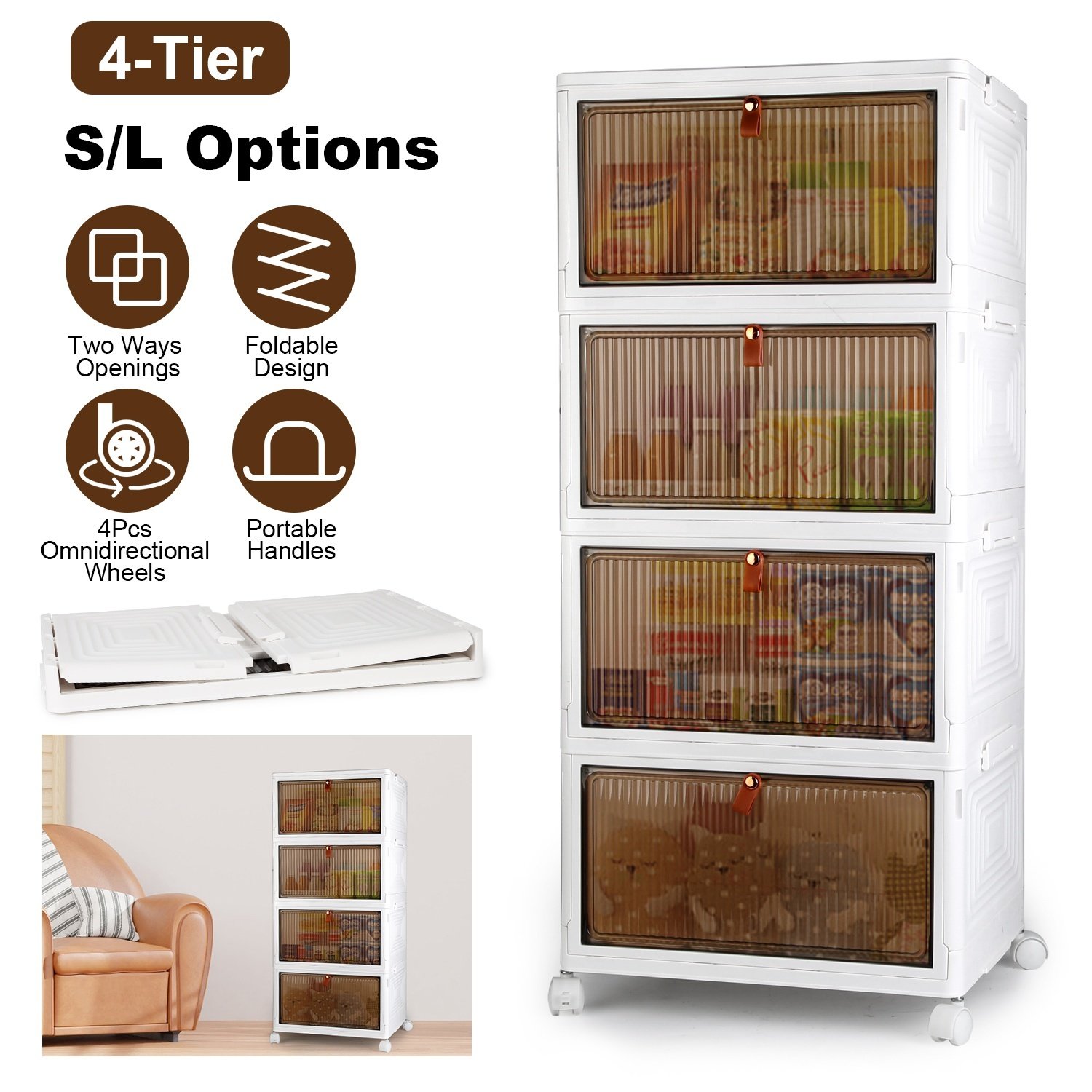 aee5bf64-11d6-46db-8ca7-c25a2a5c6942.jpg 4Pc Foldable Storage Bins With Lid Front Magnetic Door Collapsible Stackable Closet Organizer Containers With 4Pcs 360 Degree Rotatable Wheels - Image 1